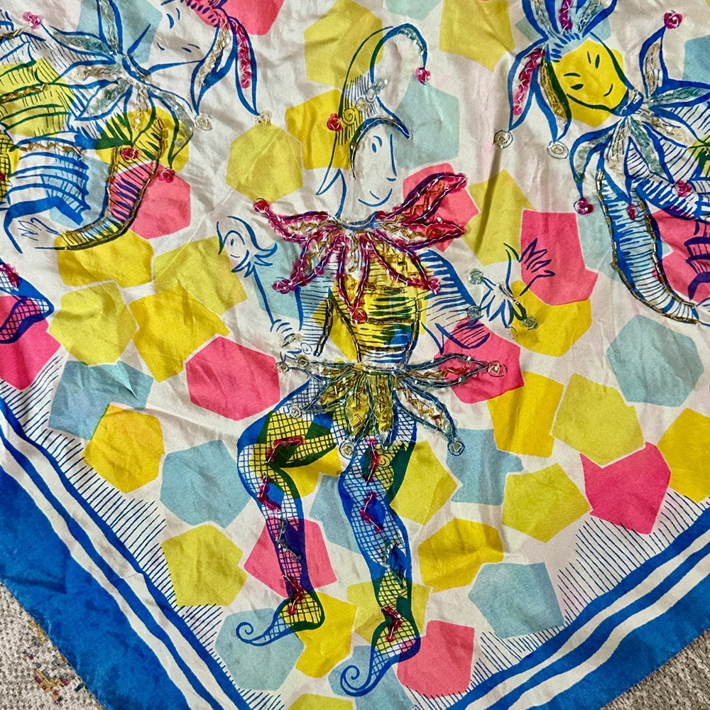 Colorful Jester/Harlequin Patterned Silk Scarf - image 1